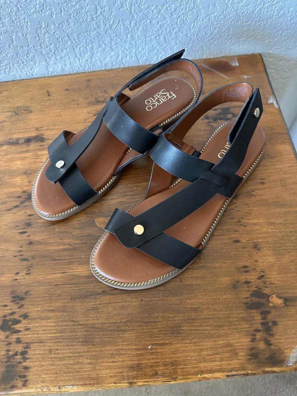 Franco Sarto Women's Glenni Ankle Strap Flat Sandals Black Leather